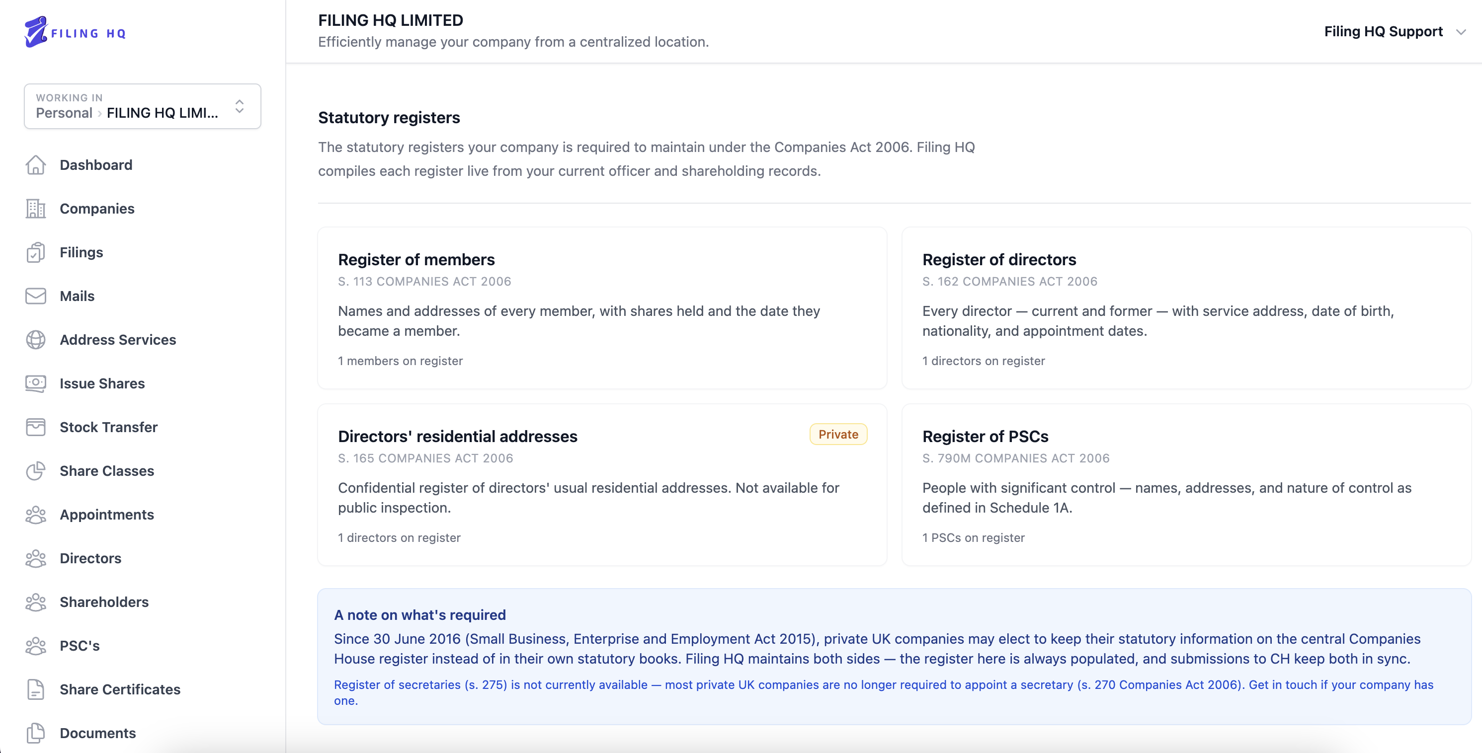 The Statutory registers dashboard in Filing HQ, showing the register of members, register of directors, directors' residential addresses, and register of PSCs